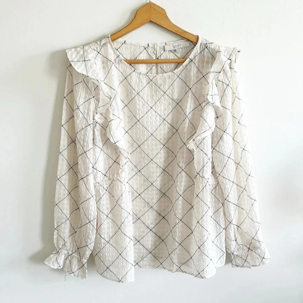 Loft cream/ivory Plaid Ruffle Blouse size large NWT - Picture 4 of 10